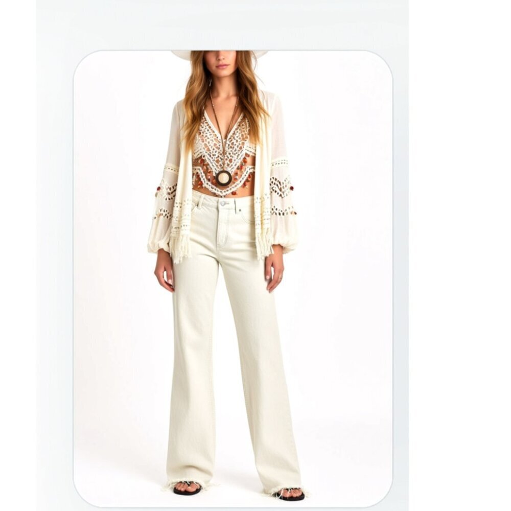 ZARA White Boho Fringe Frayed Raw Hem button down Jeans Size 4